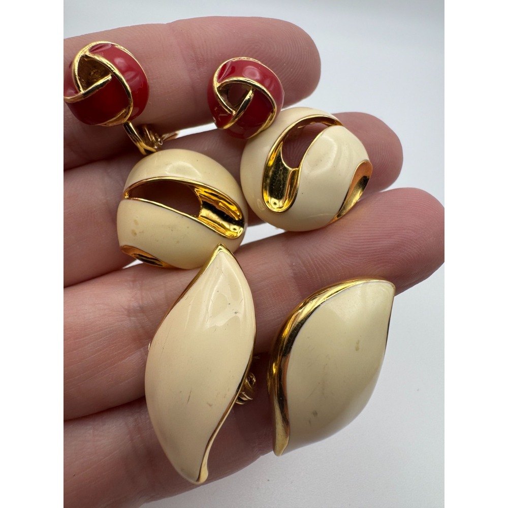 Vintage Monet Earrings Lot of 3 Pairs 2 Signed Cream Red Swirl Enamel Hoop Leaf